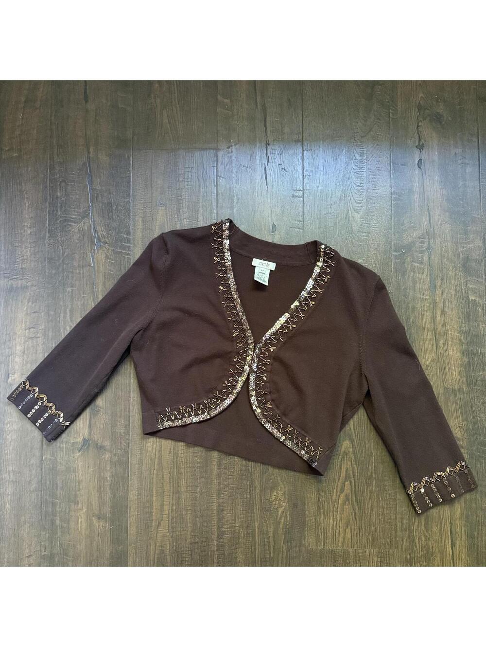 Vintage Cache Beaded Cropped Bolero Hook & Eye Brown Sz M Formal Evening Jacket